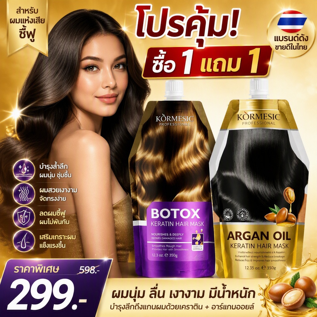 ครีมนวดผม น้ำมันอาร์แกน เคราติน ซ่อมผมชี้ฟู บำรุงล้ำลึก