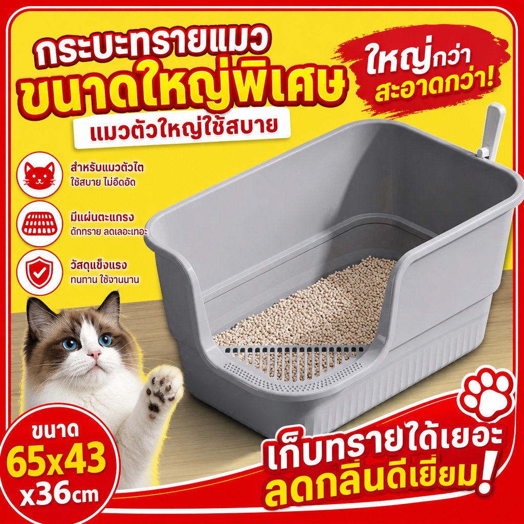 กระบะทรายแมวแบบเปิดมีแผ่นเหยียบ วัสดุPPหนา ขอบสูงกันกระเด็น มีหูจับพกพาง่าย มี3สีให้เลือก