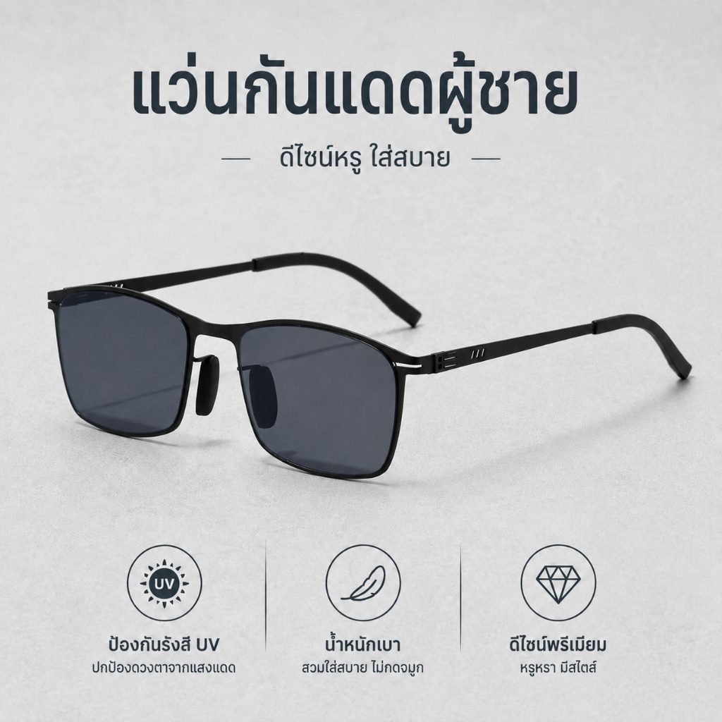 แว่นกันแดดผู้ชาย UV400 ทรงสี่เหลี่ยม แฟชั่น ดีไซน์เท่ น้ำหนักเบา ใส่ได้ทุกสไตล์