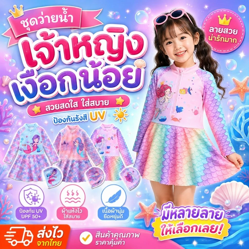 ชุดว่ายน้ำ เด็กผู้หญิง เงือกน้อย ป้องกัน UPF 50+ ชุดว่ายน้ำ ชุดว่ายน้ำเด็กผู้หญิง แบบ ชุดเดียว