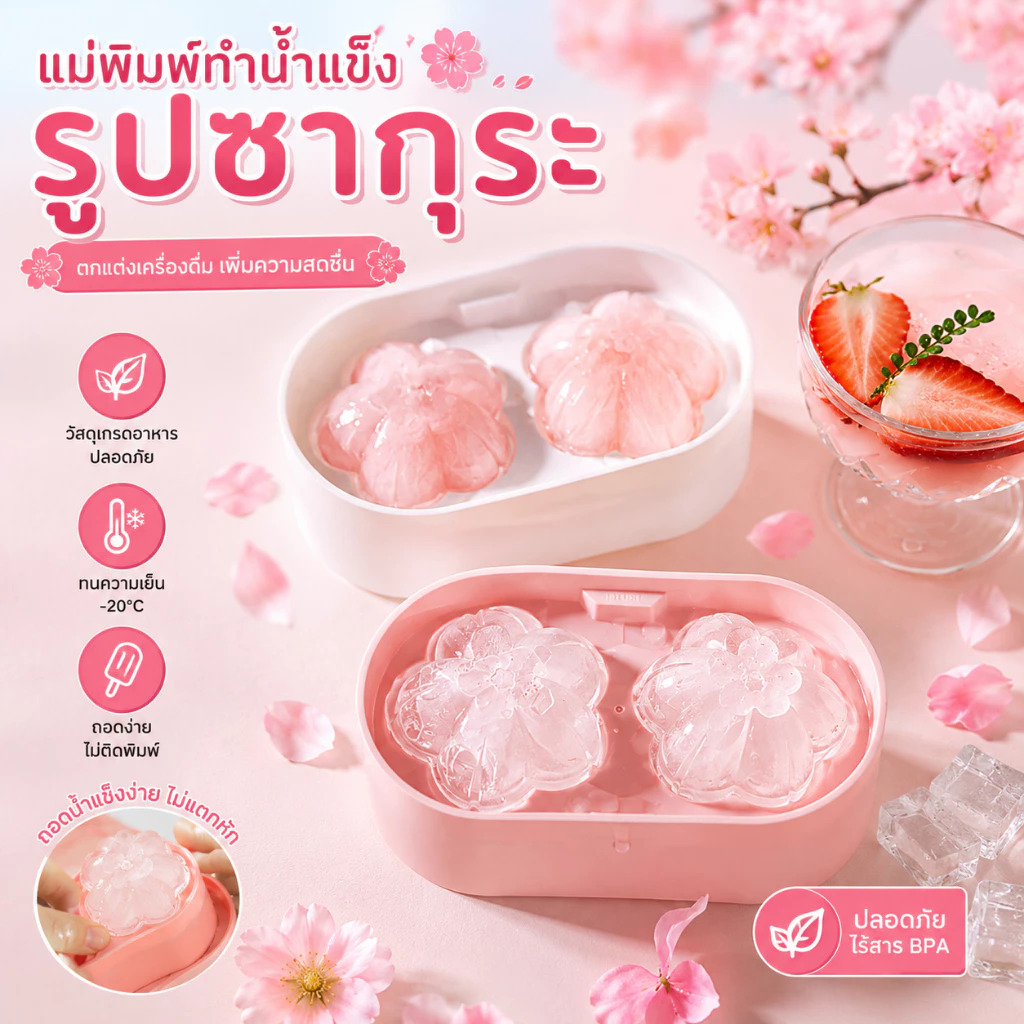 [พร้อมส่ง]HT แม่พิมพ์น้ำแข็งรูปดอกซากุระ เกรดอาหาร PP แกะง่าย มีฝาปิด ใช้ทำเครื่องดื่ม วิสกี้ Ice Mould