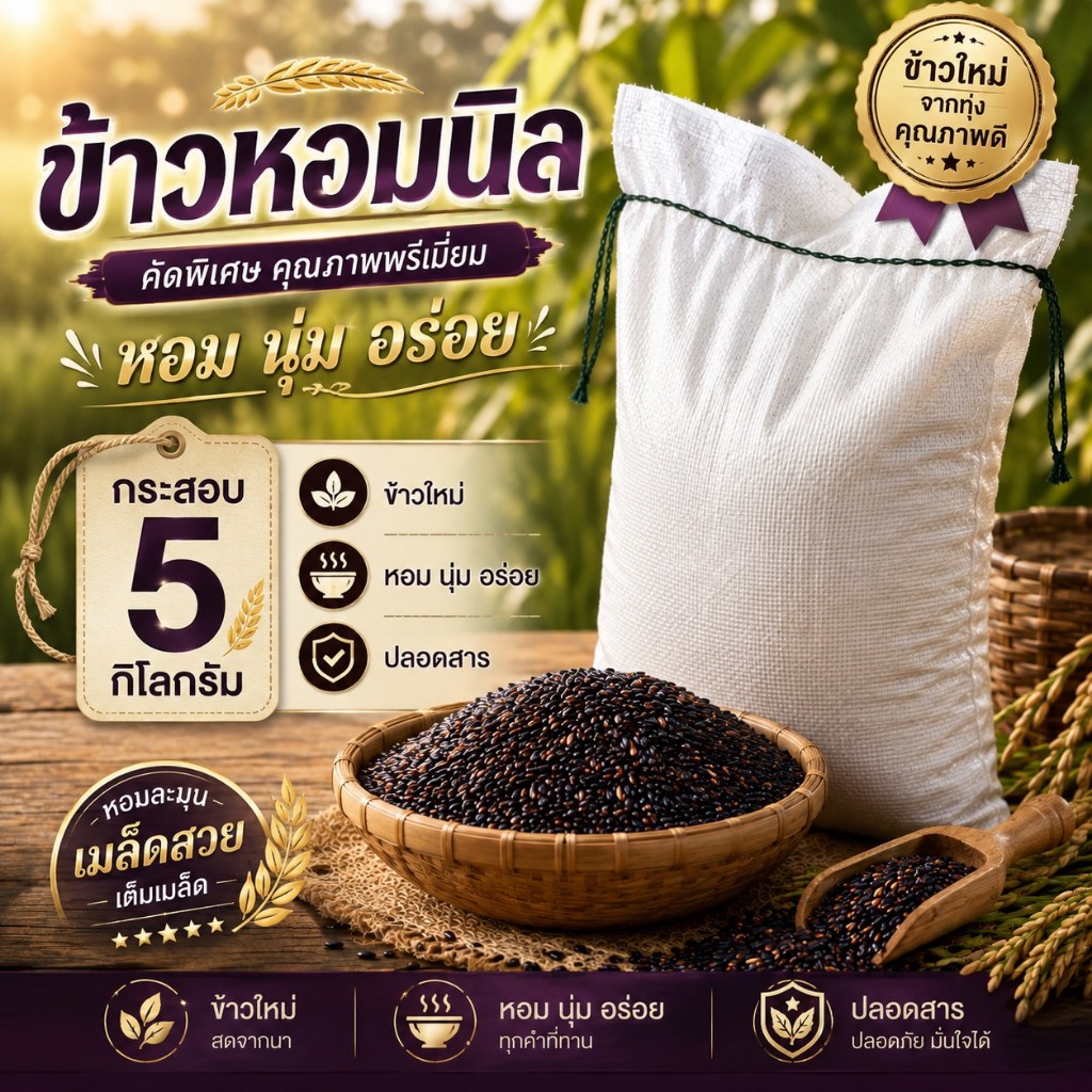 [ สินค้าใหม่ ] ข้าวหอมนิล กระสอบ5กิโลกรัม ตราทรัพย์ธนา