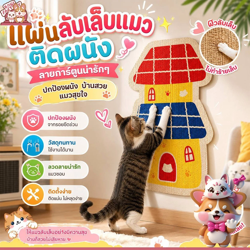 Boqi Factory แผ่นลับเล็บแมวติดผนัง ลายการ์ตูนน่ารัก | แผ่นฝนเล็บแมว กันข่วนเฟอร์นิเจอร์ Cat scratching mat