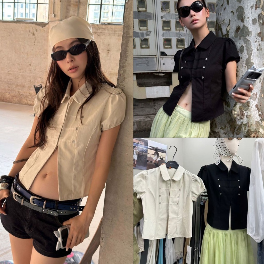 🧵🧡 🇰🇷 SU587 Military Zip Shirt เสื้อเชิ้ตคอบัวแขนพองแต่งแถบกระดุมคู่สไตล์ทหารวินเทจ แฟชั่นเกาหลี TAG MM Fish ✈