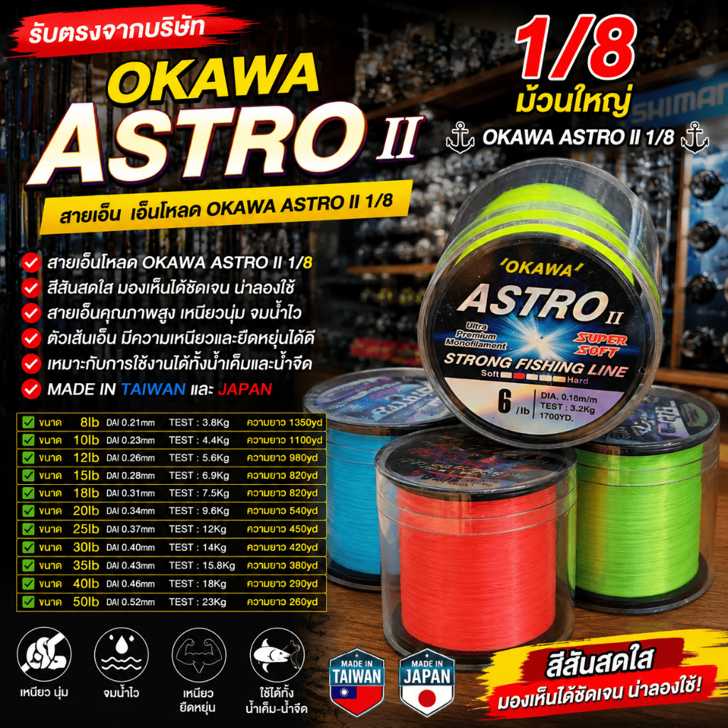 [ รับตรงจากบริษัท ] สายเอ็น OKAWA ASTRO II 1/8 เอ็นโหลดม้วนใหญ่ 8-50LB เหนียวนุ่ม จมน้ำไว ใช้น้ำจืด-น้ำเค็ม