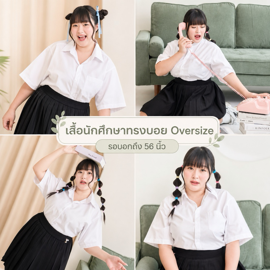 🩶ไซส์ใหญ่🩶 เสื้อนักศึกษาทรงบอย ทรงบอยสาวอวบ คอจีน-คอปก รอบอก40-56