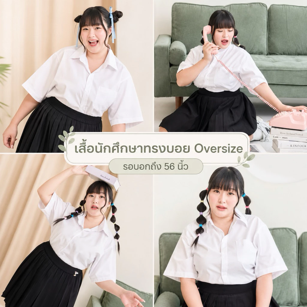 🩶ไซส์ใหญ่🩶 เสื้อนักศึกษาทรงบอย ทรงบอยสาวอวบ คอจีน-คอปก รอบอก40-56