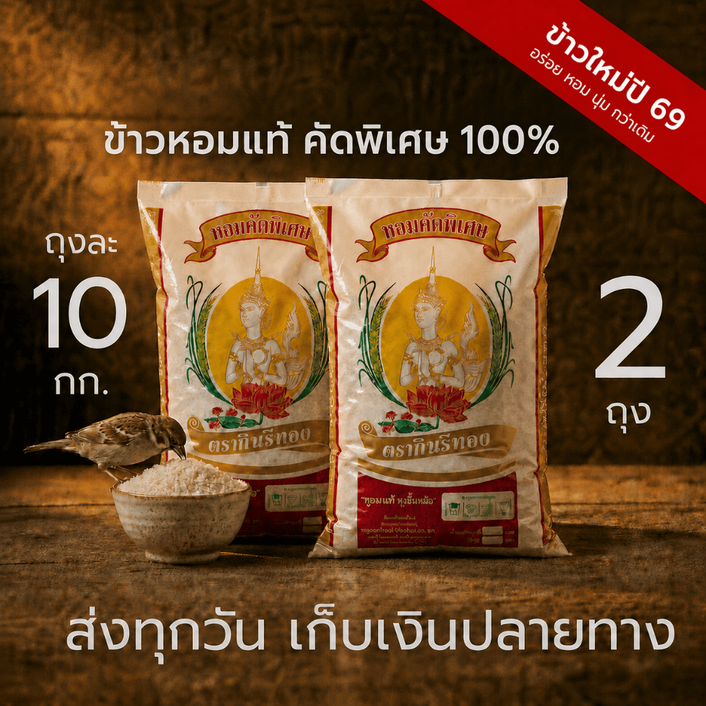 ข้าวหอม คัดพิเศษ (เย็นแล้วไม่แข็ง) สั่งกี่รอบก็นุ่มเหมือนเดิม 10+10 กิโลกรัม.ตรากินรีทอง น้ำหนักรวม 20 กิโลกรัม