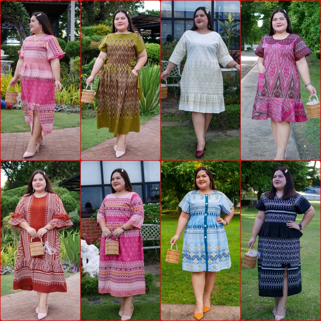 ชุดเดรสลายไทย อก 46 50 54 58 62 66 นิ้ว ชุดเดรสพื้นเมืองประยุกต์ ชุดเดรสผ้าไทยคนอ้วน 91