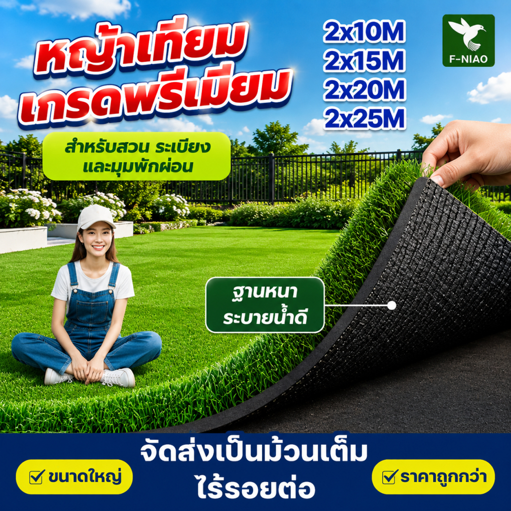 หญ้าเทียม ปลอดภัยไร้สารพิษ สำหรับตกแต่งสวนกลางแจ้ง หญ้าเทียมยกม้วน หญ้าเทียมปูพื้น หญ้าเทียมแบบหนา  2x2 เมตร