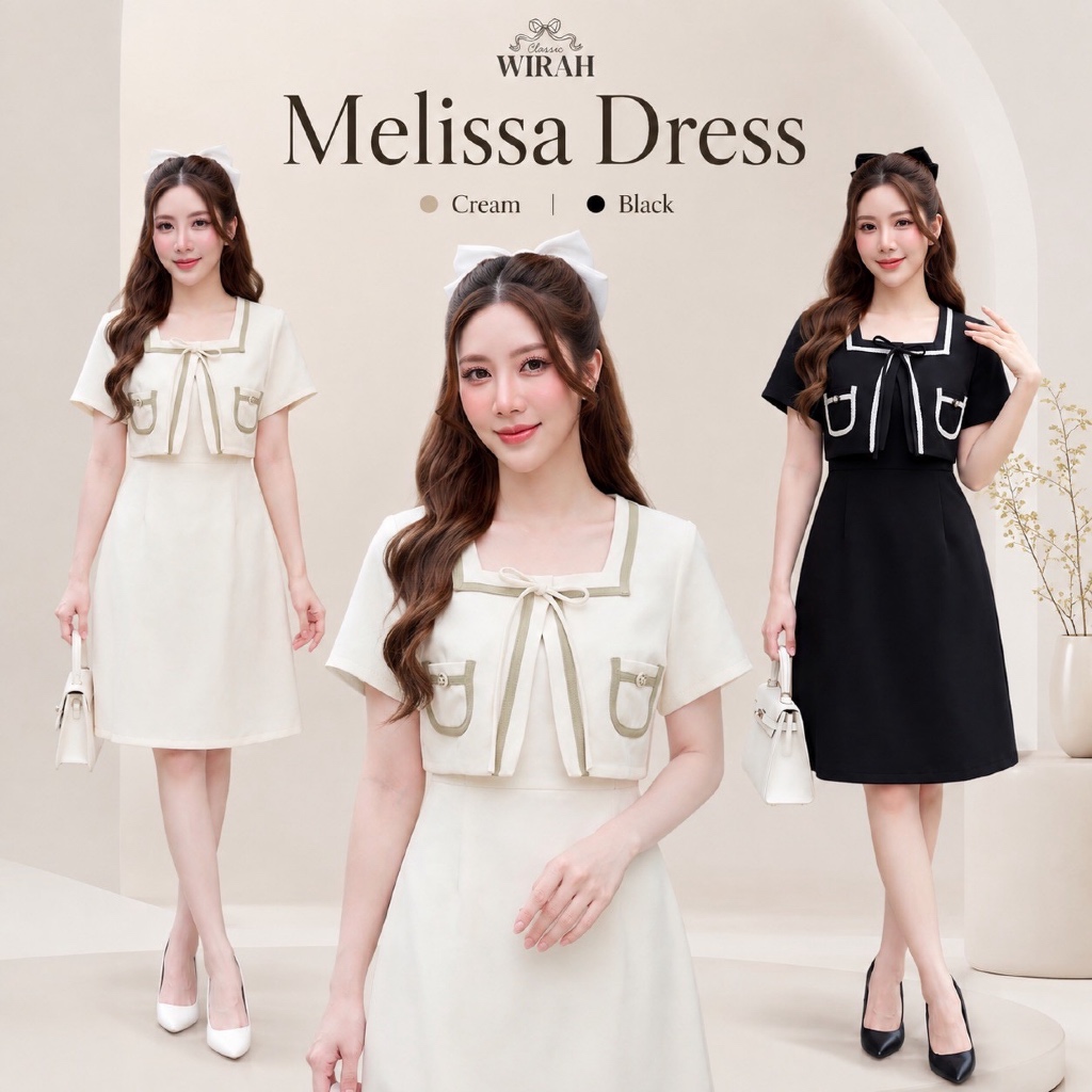 DW510Melissa Dress  ชุดเดรสสั้นทรงเข้ารูป ผ้าบาร์บี้ดอลลี่ คอเหลี่ยม กั๊กด้านหน้าเปิดได้ดีเทลแต่งเทปผ้าทอทวิตรอบคอและกั๊