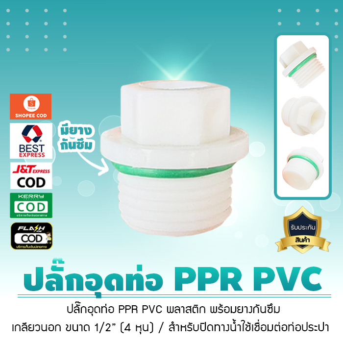 ปลั๊กอุดท่อ PPR PVC พลาสติกพร้อมยางกันซึม เกลียวนอก 4 หุน เจ๊ตุ่ม
