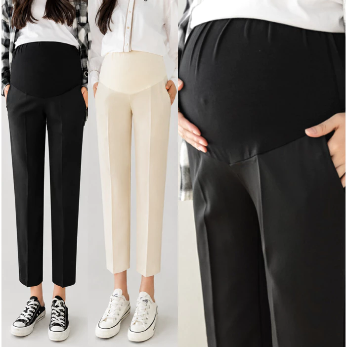 กางเกงคนท้อง ใส่ทำงาน PL22 ชีฟองเนื้อทราย ไม่ยืด เบาพริ้ว ทรงกระบอก ปรับเอวได้ กางเกงทำงานคนท้อง ชุดคลุมท้อง