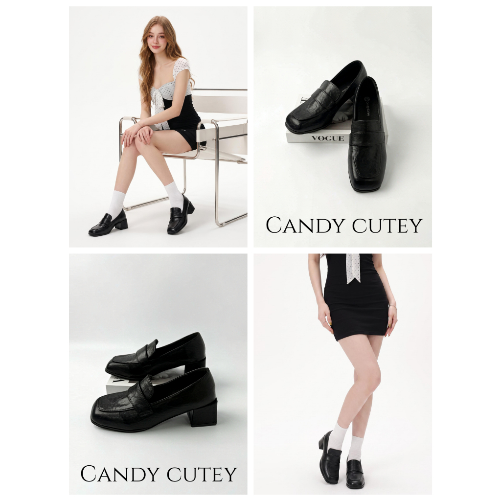 CandyCutey รองเท้า Loafer ผู้หญิง หัวเหลี่ยม ส้นบล็อก หนังนุ่ม พื้นในสบาย ช่วยขาเรียวเล็ก ยาวขึ้น สไตล์วินเทจ