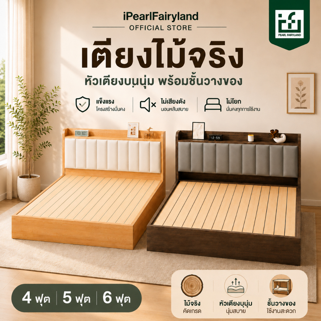 iF เตียงไม้ เตียงนอน หัวเตียงนุ่มพร้อมชั้นวางของ 4 ฟุต 5 ฟุต 6 ฟุต โครงแข็งแรง ไม่โยก ไม่เสียงดัง