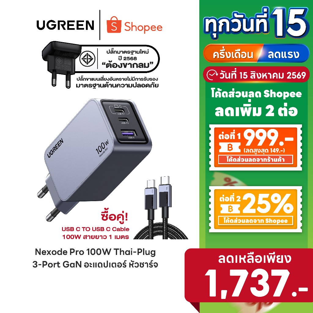 [ลดเหลือ 1737] UGREEN Nexode Pro 65-160W 3-Port GaN อะแดปเตอร์ หัวชาร์จ Super Fast Charging 3in1