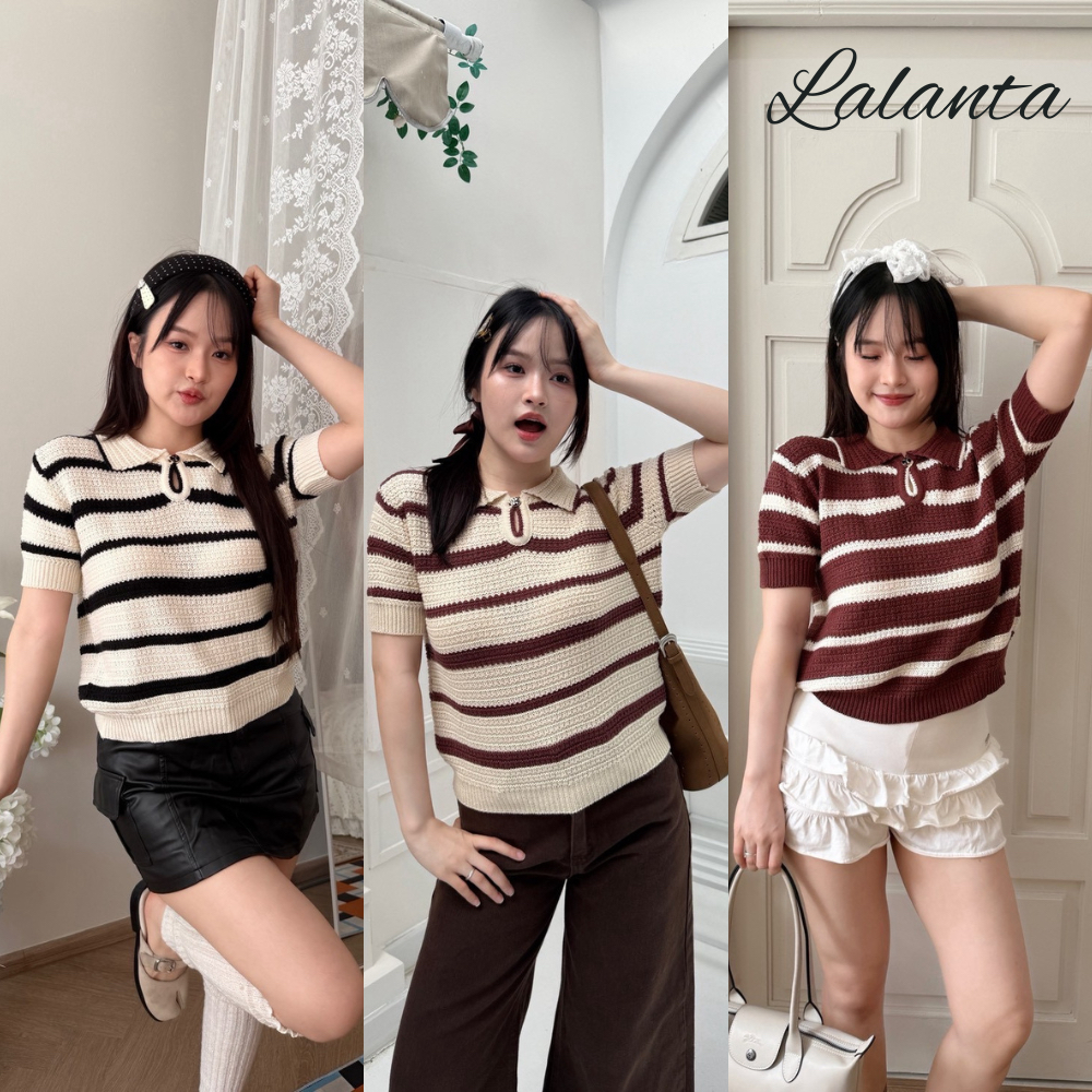 เสื้อคอปก ลายขวาง ผ้าKnit #FF400