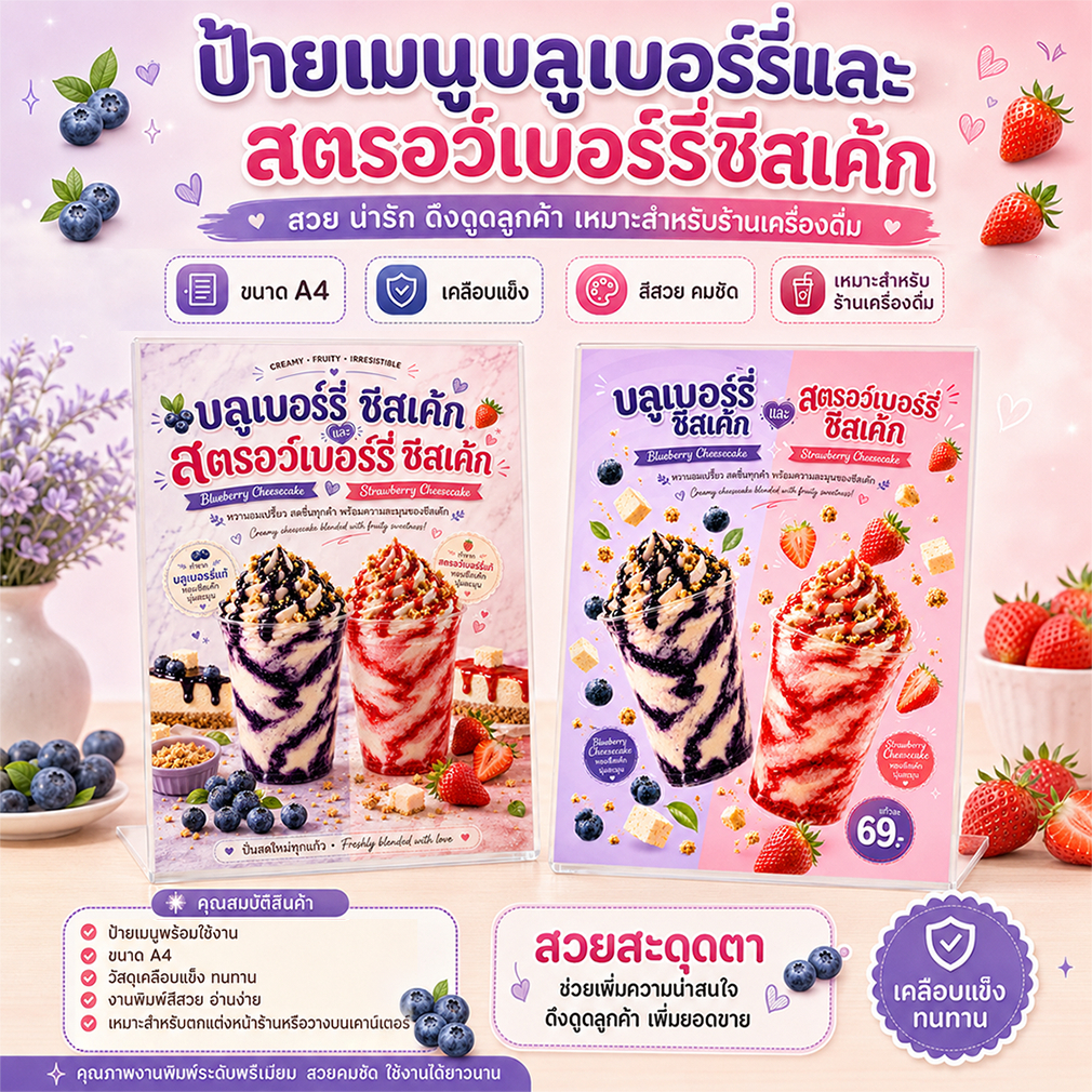 ป้ายเมนูสตรอว์เบอร์รี่ชีสเค้กและบลูเบอร์รี่ชีสเค้ก A4 เคลือบแข็งใส ป้ายเมนูสำเร็จรูป
