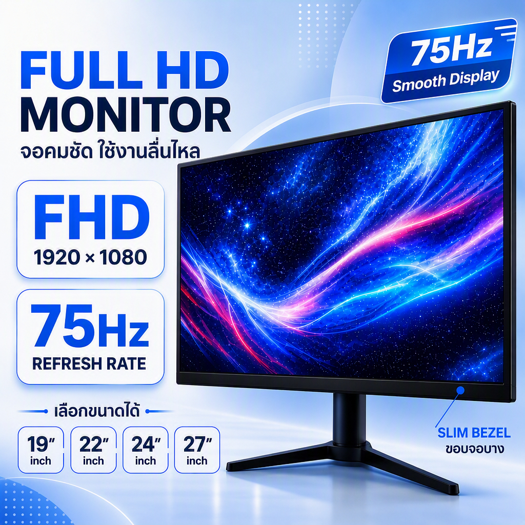 Monitor จอคอมพิวเตอร์ จอคอม FHD 1920x1080 75Hz ขอบบาง 19/22/24/27 นิ้ว สำหรับทำงาน ดูหนัง