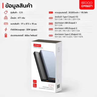 [เก็บโค้ด ลดเพิ่ม] Eloop E29 แบตสำรอง 30000mAh QC 3.0 ชาร์จเร็ว PD 30W Power Bank Type-C ของเเท้100%