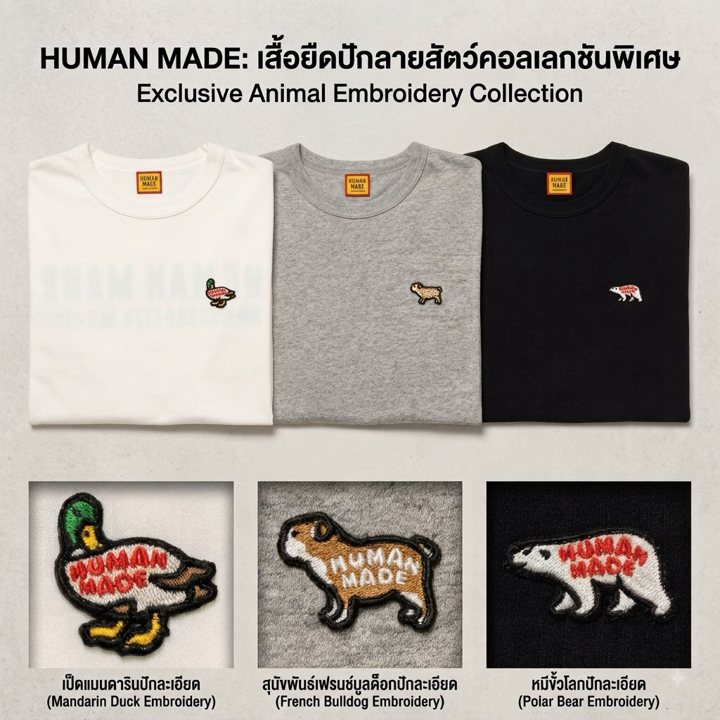 พร้อม​ส่ง​ใน​ไทย​ ของของแท้ค่ะราคาดีที่สุด Human made รุ่นใหม่ล่าสุดปักลายสัตว์ Human mad