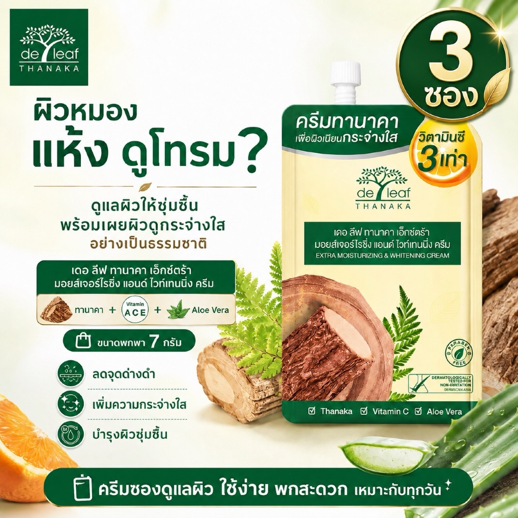 เดอ ลีฟ ทานาคา ครีมบำรุงผิว ใสเนียน ลดหมองคล้ำ ลดริ้วรอย De Leaf Thanaka Extra Moisturizing & Whitening Cream SPT-MWC618