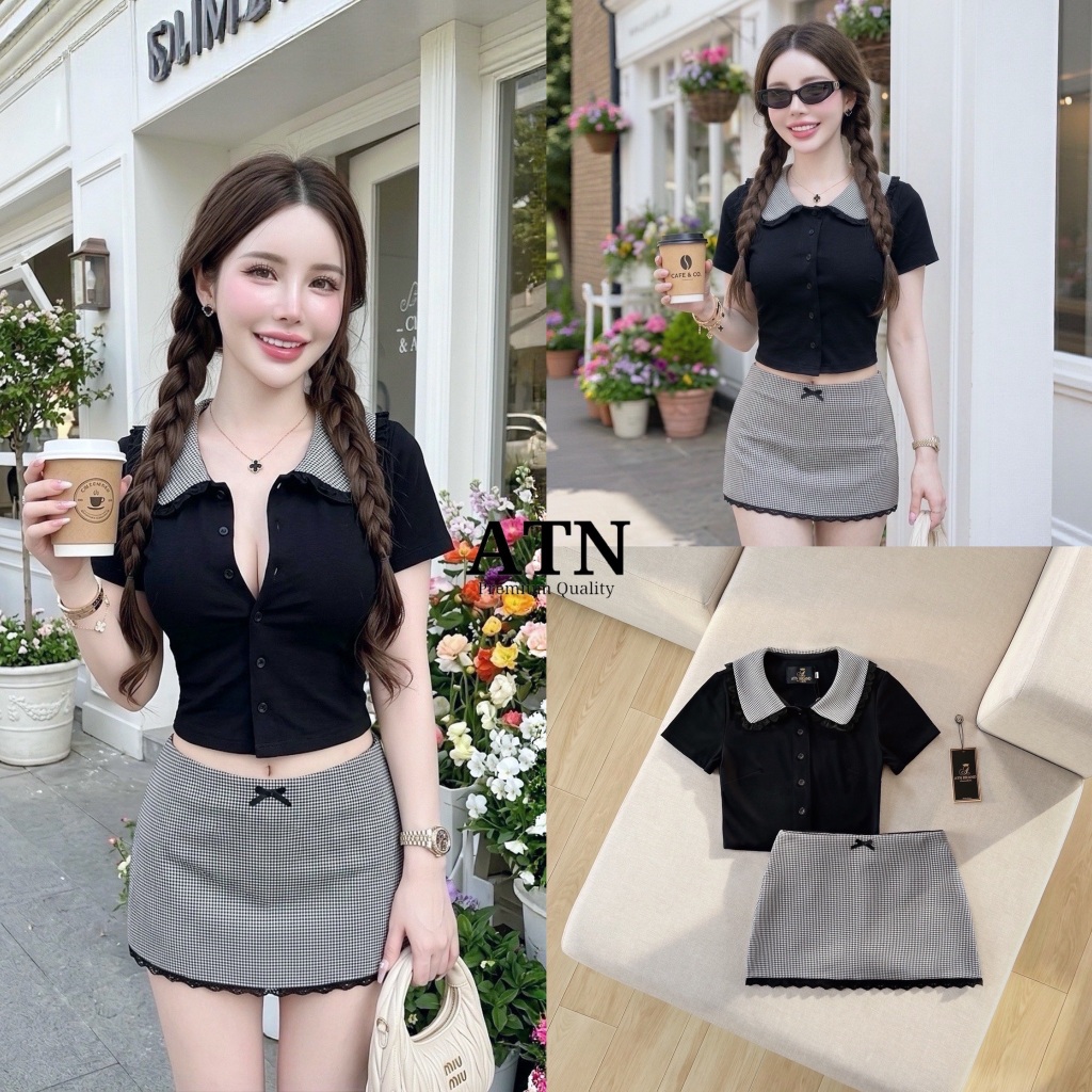 ATN St1608-02 setเสื้อดำแขนสั้นคอปก