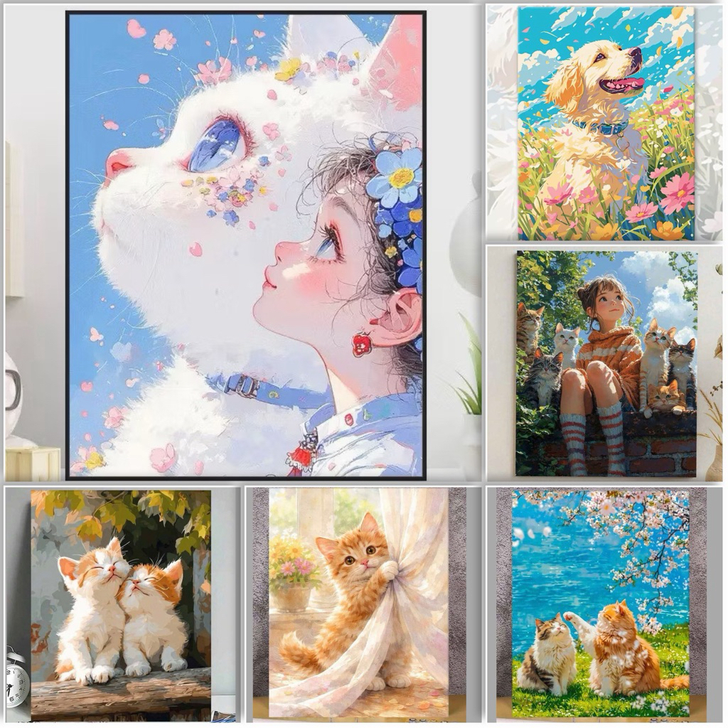 ภาพระบายสีตามตัวเลข ขึงเฟรมไม้พร้อมอุปกรณ์ ภาพแมวขนาด 40×50 ซม.ฝึกสมาธิ ของขวัญ DIY สำหรับตกแต่งบ้าน