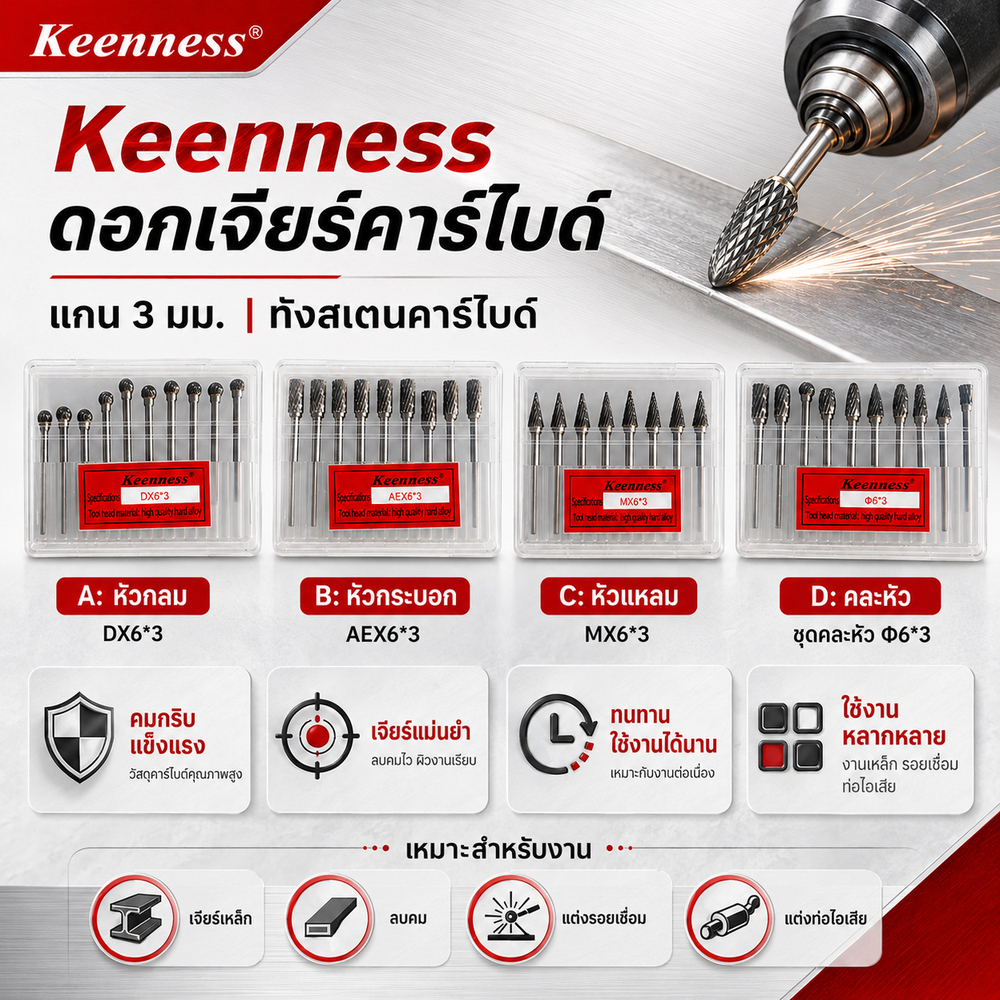 Keenness ดอกเจียร์คาร์ไบด์ แกน 3 มม. ทังสเตนคาร์ไบด์ เจียร์เหล็ก ลบคม แต่งท่อไอเสีย รอยเชื่อม คมกริบ