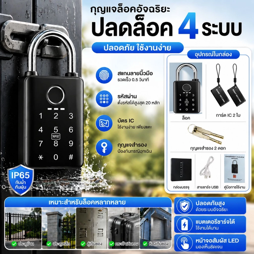⚡MCBS⚡กุญแจลายนิ้วมืออัจฉริยะ 4 ระบบ กันน้ำ IP65 ปลดล็อกด้วยลายนิ้วมือ รหัส IC Card กุญแจสำรอง