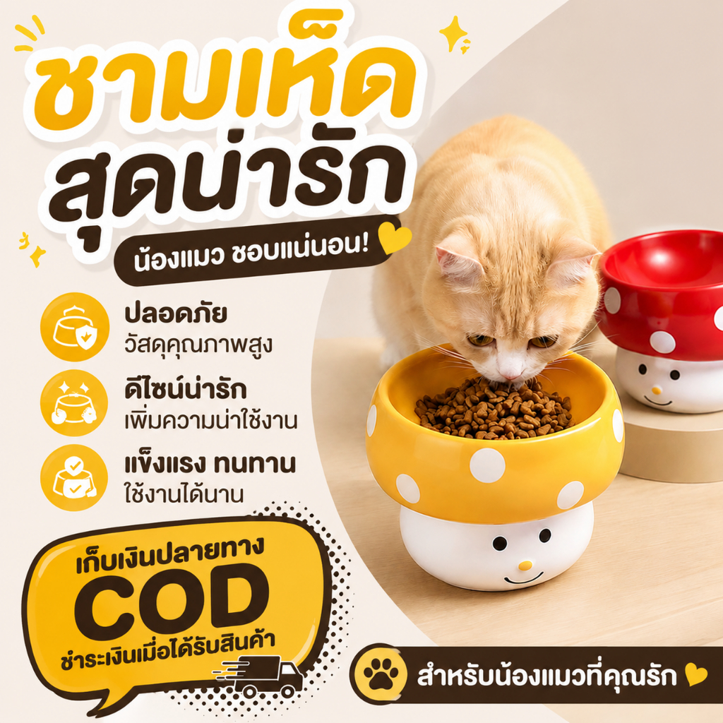 ชามอาหารสัตว์เลี้ยง ชามเซรามิกแมว ชามหมา ฐานเหล็กกันลื่น ทรงเห็ดน่ารัก food grade ล้างง่าย