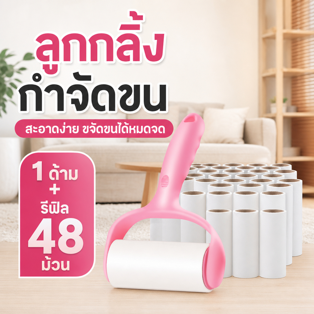 ลูกกลิ้งกำจัดขน ลูกกลิ้งยาง รีฟิล เก็บขนและฝุ่น ขจัดขนแมว ขนหมา สีชมพู ลูกกลิ้งทำความสะอาด