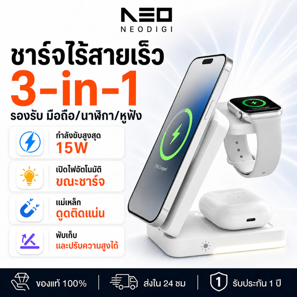 NEODIGI G12 แท่นชาร์จไร้สายแม่เหล็กแบบพับได้ 3-in-1 15W สำหรับ สมาร์ทโฟน หูฟังไร้สาย รองรับ iOS แท่นชาร์จหูฟัง