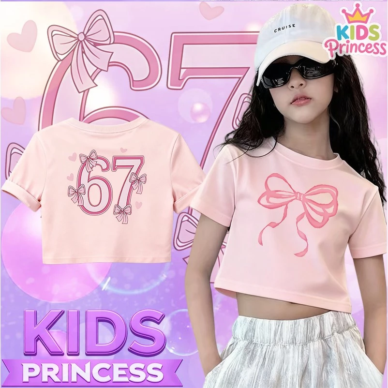 COD (จัดส่งตลอด 24 ชั่วโมง) เสื้อครอปเด็กผู้หญิง แขนสั้น ลายโบว์ เสื้อยืดแฟชั่นเด็ก สไตล์เกาหลี น่ารัก หวานๆ