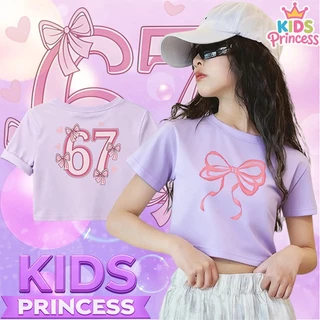 COD (จัดส่งตลอด 24 ชั่วโมง) เสื้อครอปเด็กผู้หญิง แขนสั้น ลายโบว์ เสื้อยืดแฟชั่นเด็ก สไตล์เกาหลี น่ารัก หวานๆ