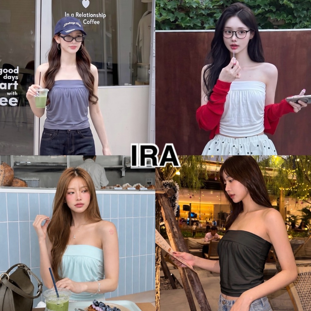 BY IRA Turquoise Top  เสื้อเกาะอกแต่งจีบ ผ้าเบา ใส่สบาย สายฝอ สายเกาหลี แมทลุคได้ง่ายๆ