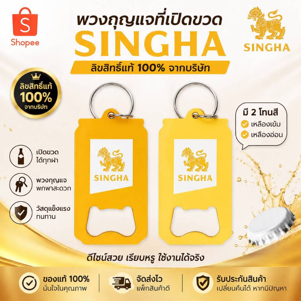 พวงกุญแจที่เปิดขวด SINGHA สิงห์ ลิขสิทธิ์แท้ มี 2 สี เหลืองเข้ม/เหลืองอ่อน พกพาสะดวก ของแท้จากบริษัท