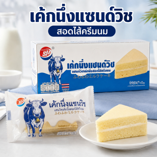 เค้กนึ่งแซนด์วิชไส้นม แบรนด์ Shenghua (1 ลัง 12กล่อง จำนวน 144ชิ้น) ขนมทานง่าย ตัวเค้กนุ่ม  พร้อมไส้นมรสละมุน
