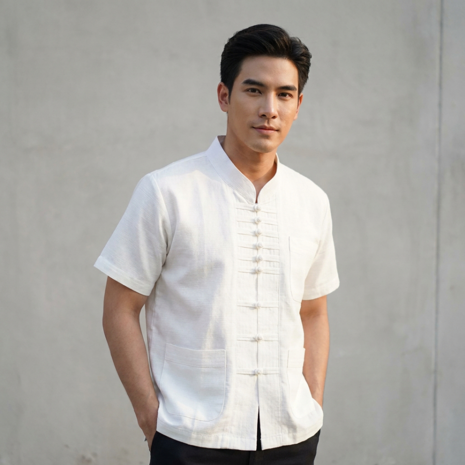 เสื้อคอจีนผู้ว่า ผ้าฝ้ายชินมัยแท้ สีดำ แขนสั้น งานเย็บประณีต ไม่อัดกาว ใส่ทำงาน ออกงาน งานบุญ งานไว้ทุกข์