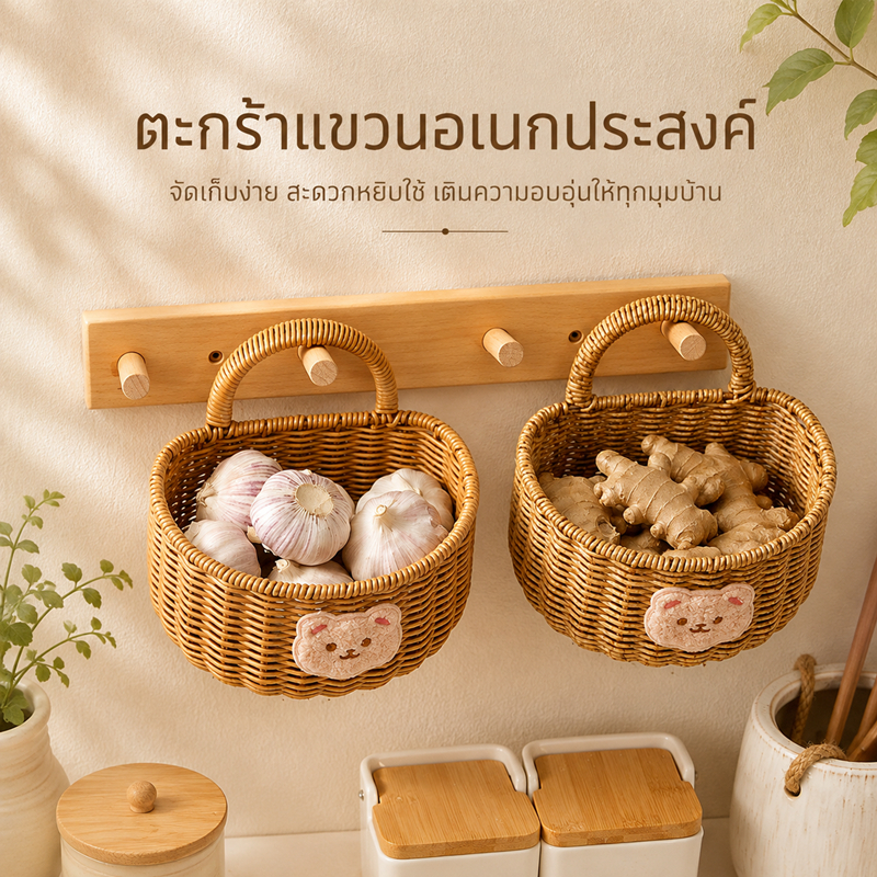 ตะกร้าจิ๋วแขวนผนัง ตะกร้าหวายใส่หัวหอม กระเทียม ลายหมี/ลายกระต่าย ขนาดเล็ก สำหรับใช้ในครัว ตะกร้าหวาย