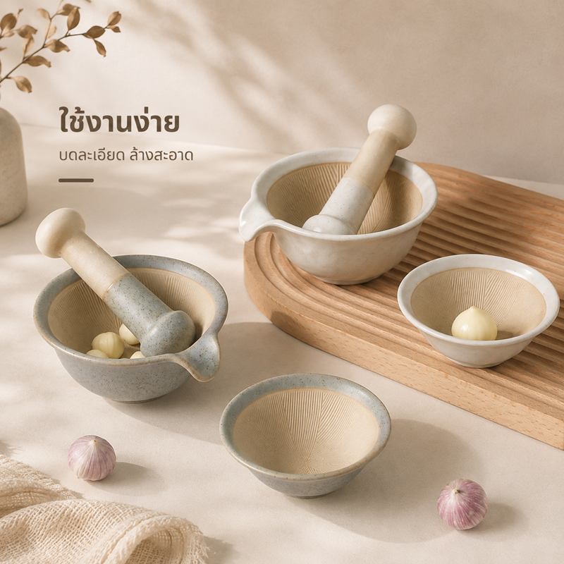 ถ้วยบดพริกกระเทียม ครกบดกระเทียมเซรามิก ครกบดพริกกระเทียม ขนาดพกสะดวก ดีไซน์มินิมอล ใช้เตรียมอาหารง่าย ไม่เปลืองแรง