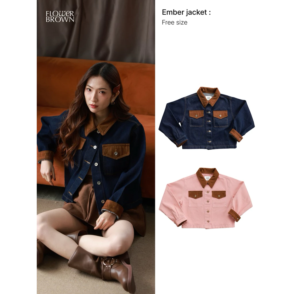 Flower brown (พร้อมส่ง) Ember jacket เสื้อแจ็คเก็ตยีนส์ทรง oversize ปกคอผ้าหนังกลับนุ่ม