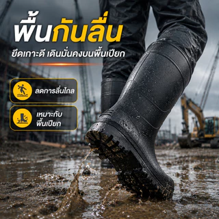 รองเท้าบูทเซฟตี้หัวเหล็กกันน้ำ สูง 38 ซม. พื้นกันลื่น สำหรับงานก่อสร้าง โรงงาน งานช่าง และพื้นที่เปียก