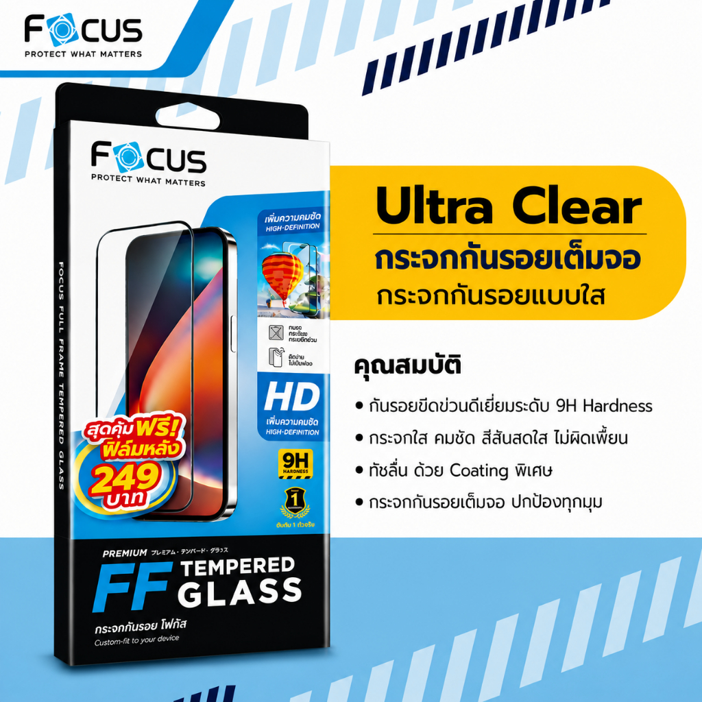 ฟิล์ม Focus ฟิล์มกระจกเต็มจอ Samsung A73 (5G) ขอบดำ  (มีฟิล์มหลัง)