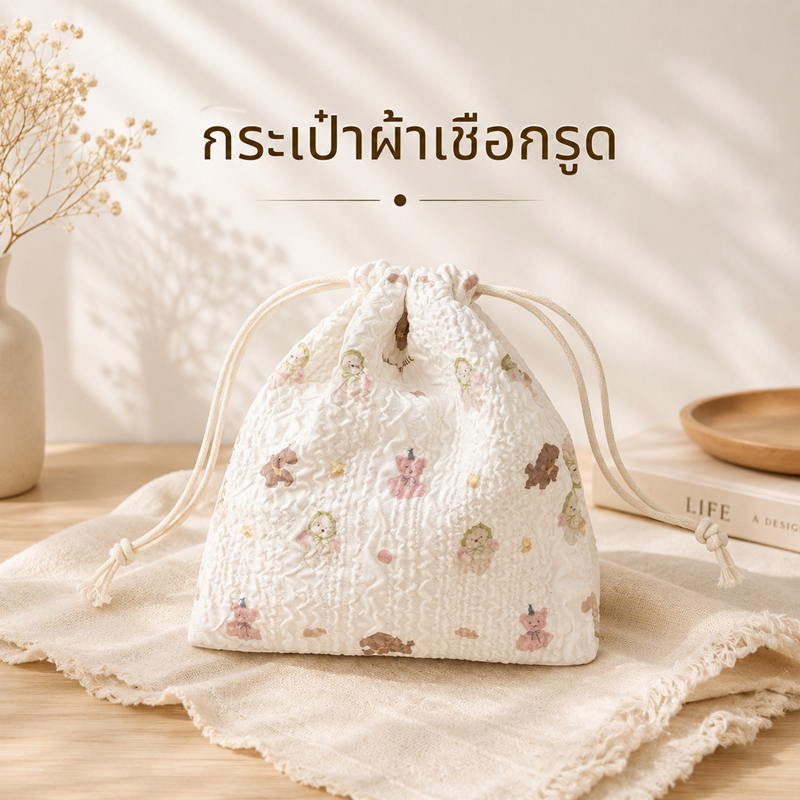 ถุงผ้าหูรูด ถุงผ้าหูรูดลายดอกไม้/การ์ตูน ถุงใส่เครื่องสำอาง พกพา ถุงเก็บของจุกจิก มินิมอล น่ารัก