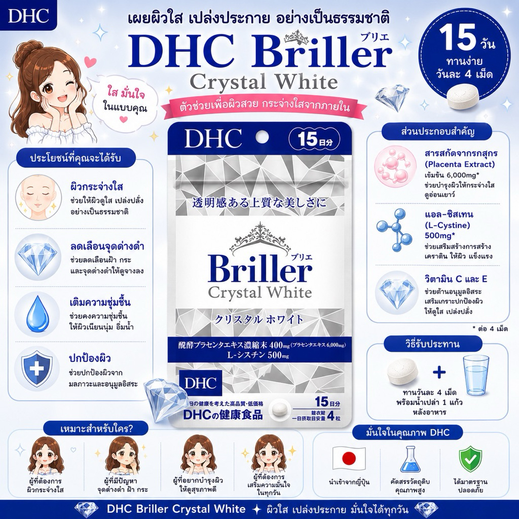 DHC Briller Crystal White (15Days) นวัตกรรมสุดล้ำที่จะช่วยให้คุณมีผิวขาว สว่าง กระจ่างใส มีออร่า