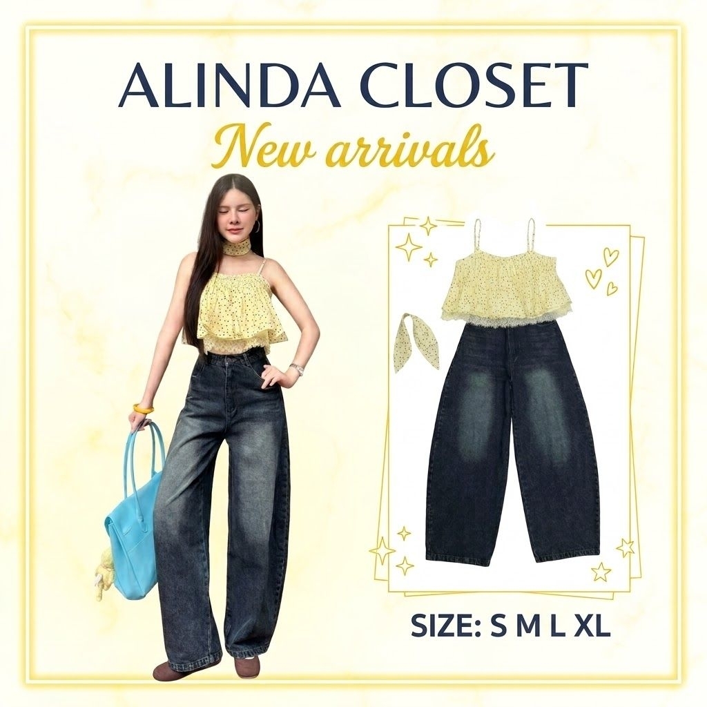 𝘼𝙇𝙄𝙉𝘿𝘼 𝘾𝙇𝙊𝙎𝙀𝙏 ᯓ ชุดเซ็ตเสื้อสายเดี่ยวผ้าชีฟองลายจุดสีเหลือง สายปรับได้+กางเกงยีนส์ฟอก ทรงบาร์เรล+ผ้าผูกผม