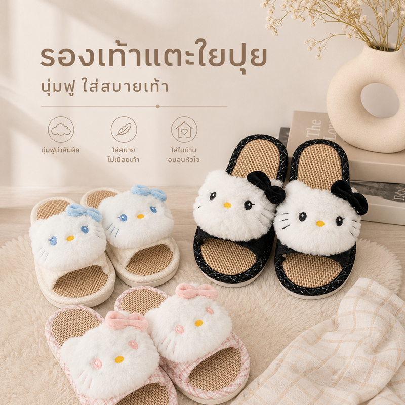 รองเท้าคิตตี้ รองเท้าแตะคิตตี้ ใส่ในบ้าน ลายแมวน่ารัก พื้นสาน ระบายอากาศ กันลื่น รองเท้าใส่ในบ้านผู้หญิง