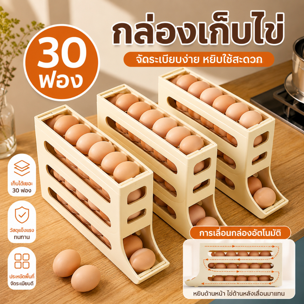 กล่องเก็บไข่แบบเลื่อน กล่องใส่ไข่ 4 ชั้น บรรจุไข่ได้ 30 ฟอง ประหยัดพื้นที่ หยิบใช้งานสะดวก