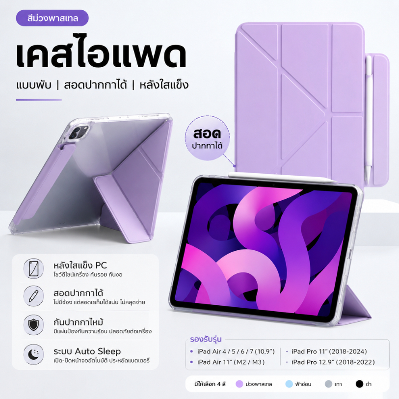 เคสไอแพดแกนY ไม่มีช่องเก็บปากกา แต่สอดปากกาตรงปกรัดได้ หลังใสแข็ง กันงอกันกระแทก